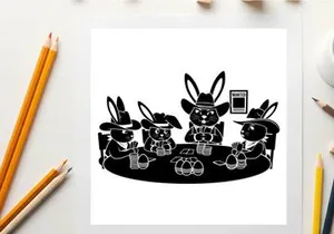 Silhouette of rabbits in hats playing poker with chips and cards