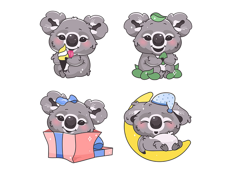 Cute koala kawaii cartoon vector characters set