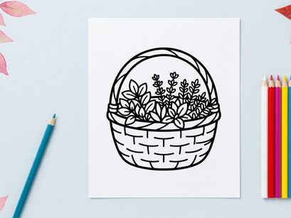Cesta de Halloween desenhada à mão cheia de plantas verdes. Recipiente de vime assustador contendo ervas frescas e folhagem.