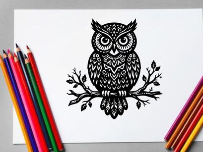Ilustrasi burung hantu bergaya hitam putih dengan detail rumit