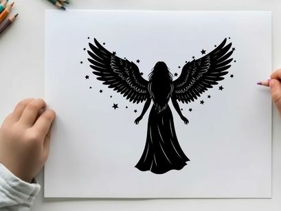 Silhouette of a winged angel with stars