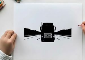 Silhouette of a semi truck driving down a highway with mountains