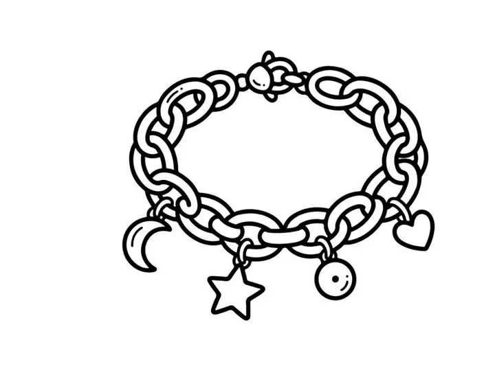 Hand-drawn Halloween braided rope charm bracelet with stars and moon. Spooky seasonal jewelry accessory featuring festive symbols and intricate kno...