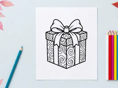 Christmas gift box with swirl pattern and bow, black and white line art illustration.