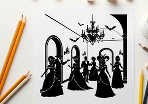 Elegant silhouette of people in a ballroom with chandelier and bats