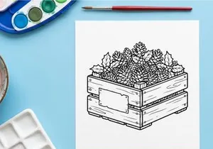 Christmas wooden crate with pine cones and holly leaves line art illustration
