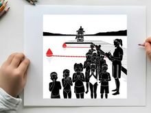 Silhouette of children and teacher near a body of water with a lighthouse silhouette