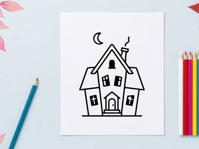 Simple house illustration with crescent moon. Minimalist line art home under night sky for design projects.