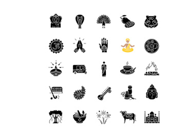 Indian culture black glyph icons set on white space preview picture