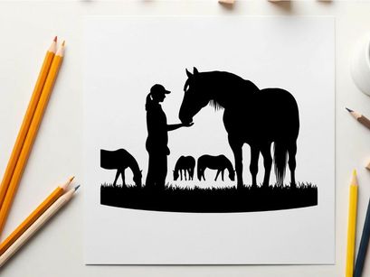 Silhouette of a woman feeding a horse in a field