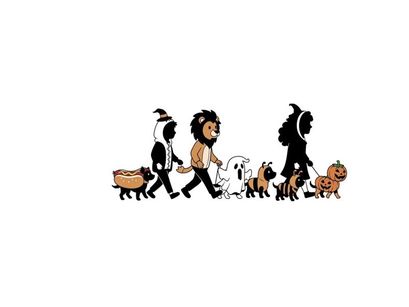 Silhouette of people walking with various dogs in a line