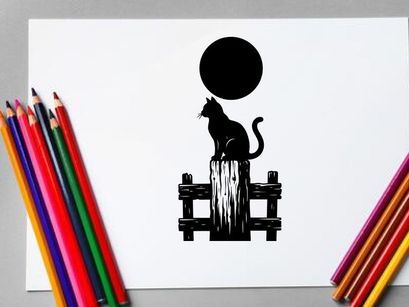 Silhouette of a cat sitting on a wooden fence with a full moon overhead