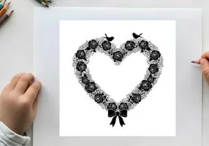 Heart shaped wreath silhouette with roses and birds