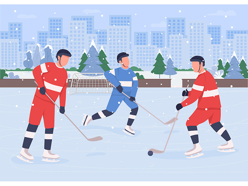 People playing hockey on ice rink flat color vector illustration