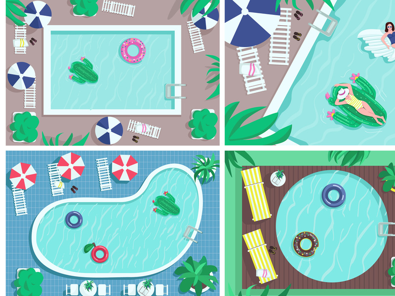 Top view pool flat color vector illustrations set