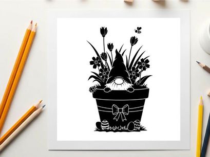 Silhouette of a garden gnome in a flower pot with tulips and bow