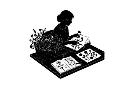 Silhouette of a woman studying botanical illustrations and flowers