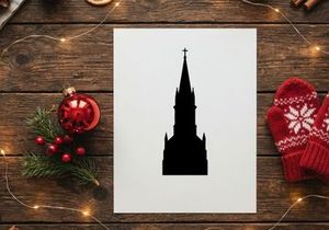Black silhouette of a church steeple with a cross isolated on a white background.