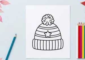 Topi beanie musim dingin dengan ikon bintang, ilustrasi vektor seni garis hitam putih.