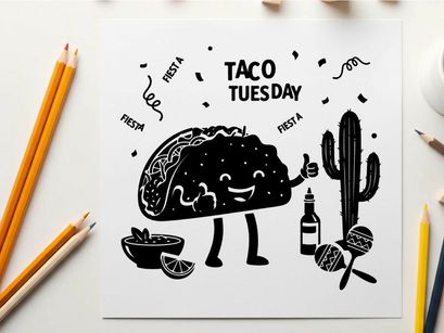 Taco tuesday silhouette character with cactus and fiesta elements