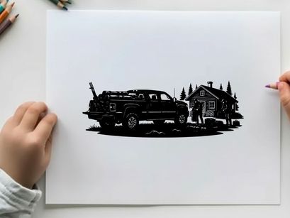 Silhouette of a pickup truck parked beside a cabin