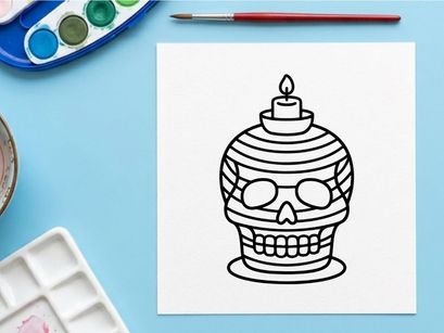Halloween candlelit skull jar with spooky flame glow. Decorative horror-themed container for festive autumn and Day of the Dead displays.