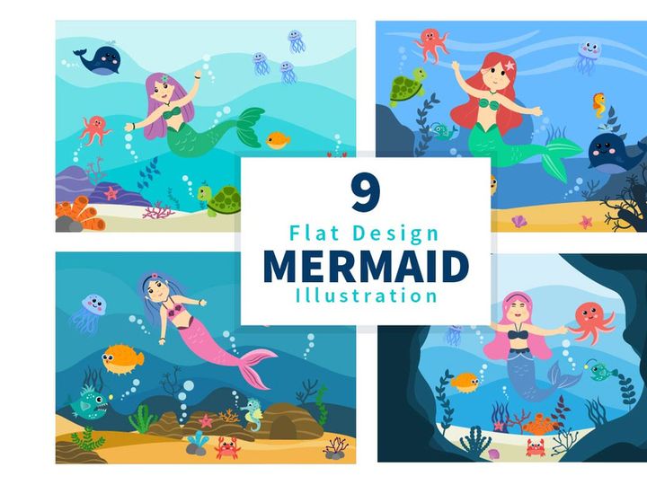9 Mermaid And Cute Sea Animals Illustration