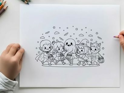 Halloween kids group trick or treat vector illustration