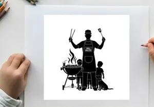 Silhouette of a man grilling with kids on a sunny day silhouette