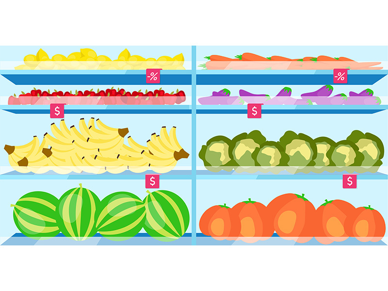 Supermarket shelves with fruits flat vector illustration