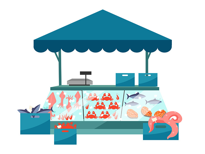 Seafood market stall flat illustration