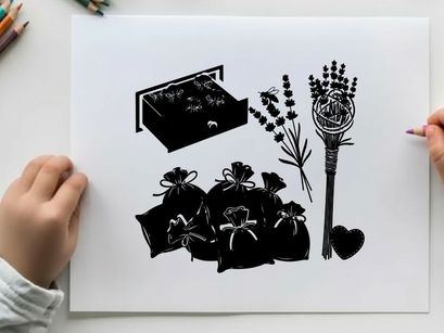 Silhouette of herbs and sachets in a box