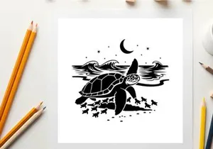Silhouette of a sea turtle swimming under a crescent moon