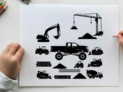 Construction vehicles and equipment silhouette illustrations