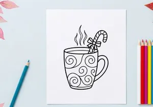 Christmas mug with candy cane line art illustration for holiday coloring page activity
