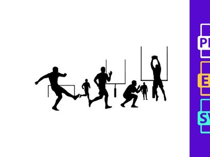 Black silhouettes of people playing volleyball in various positions and movements