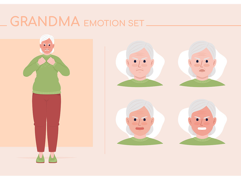 Angry grandma semi flat color character emotions set