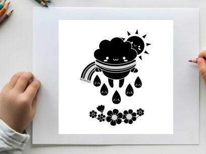 Silhouette of a smiling cloud with raindrops and flowers