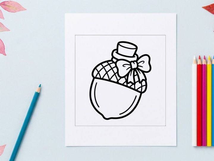 Süße Ausmalseite für Kinder. Handgezeichnete Herbst-Nuss-Illustration mit Schleife.