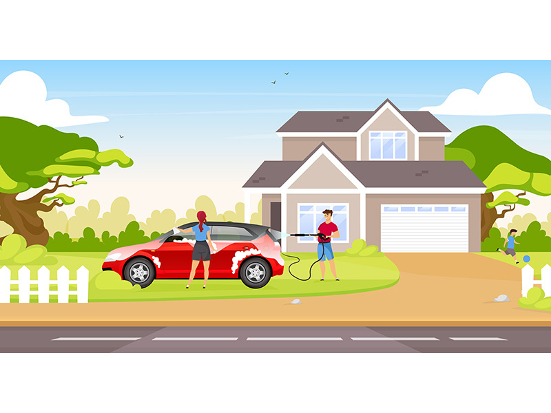 Couple washing hatchback flat color vector illustration