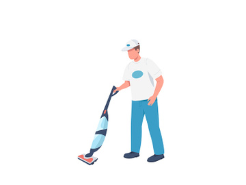 Janitor with vacuum sweeper flat color vector faceless character preview picture