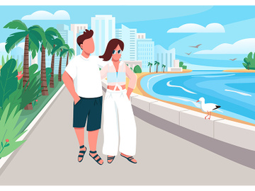 Couple in love walking along seafront flat color vector illustration preview picture