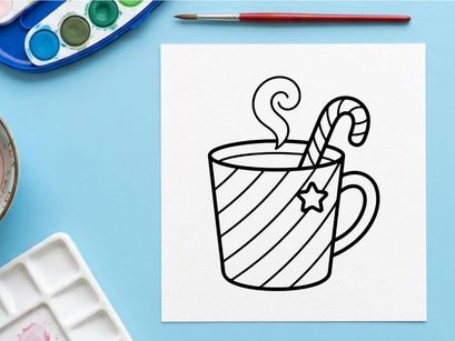 Hand-drawn Christmas mug with candy cane and steam for festive holiday celebrations
