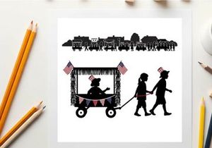 Patriotic parade silhouette with children and decorated wagon