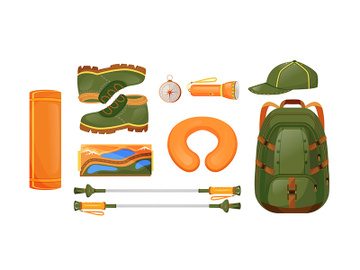 Hiking equipment flat color vector objects set preview picture