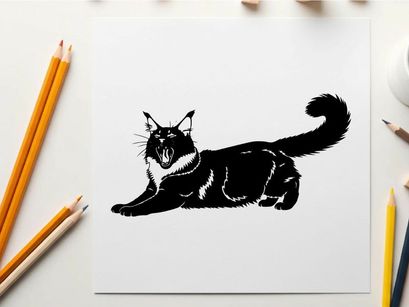 Black cat silhouette in a relaxed pose with tail curled up