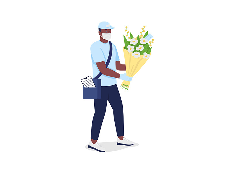 African american delivery man with flowers in face mask flat color vector detailed character