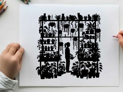 Silhouette of a person surrounded by lush greenery and plants