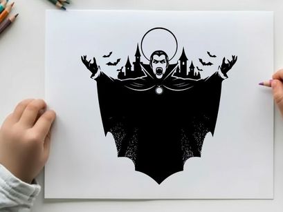 Silhouette of a vampire with castle and bats silhouette