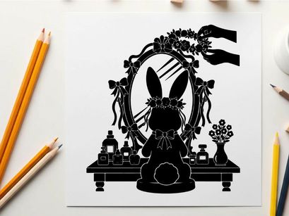Silhouette of a rabbit in front of a vanity mirror with flowers